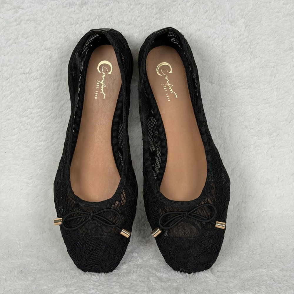Comfort Ballet Flats Womens Size 8 Black Lace Mesh Square Toe Bow Slip On E-335